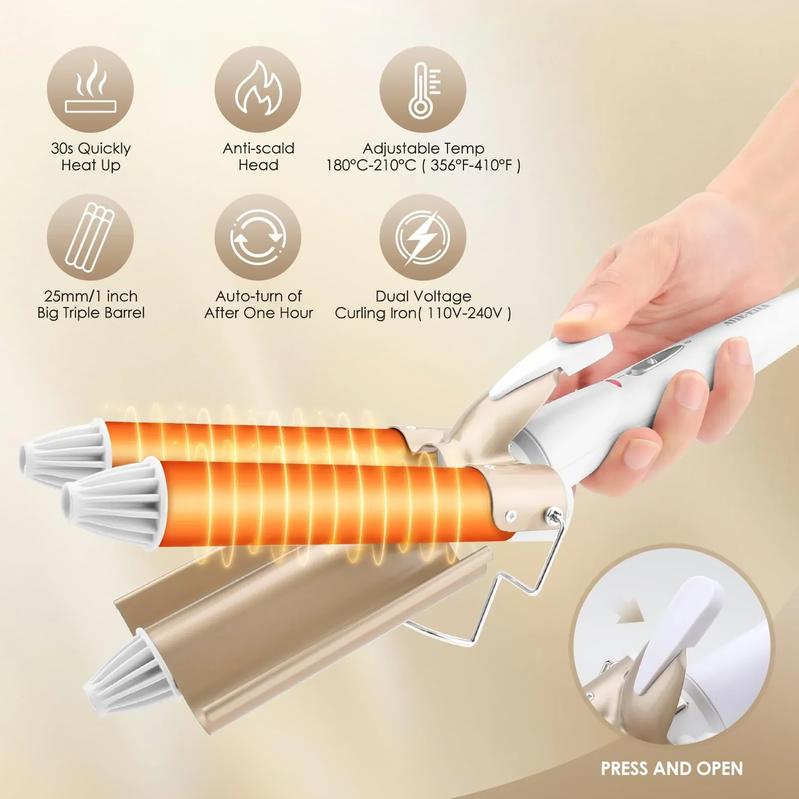 Triple barrel hair waver in white and gold featuring a 25mm ceramic triple barrel design, adjustable temperature settings, and anti-scald tips for creating beach waves.